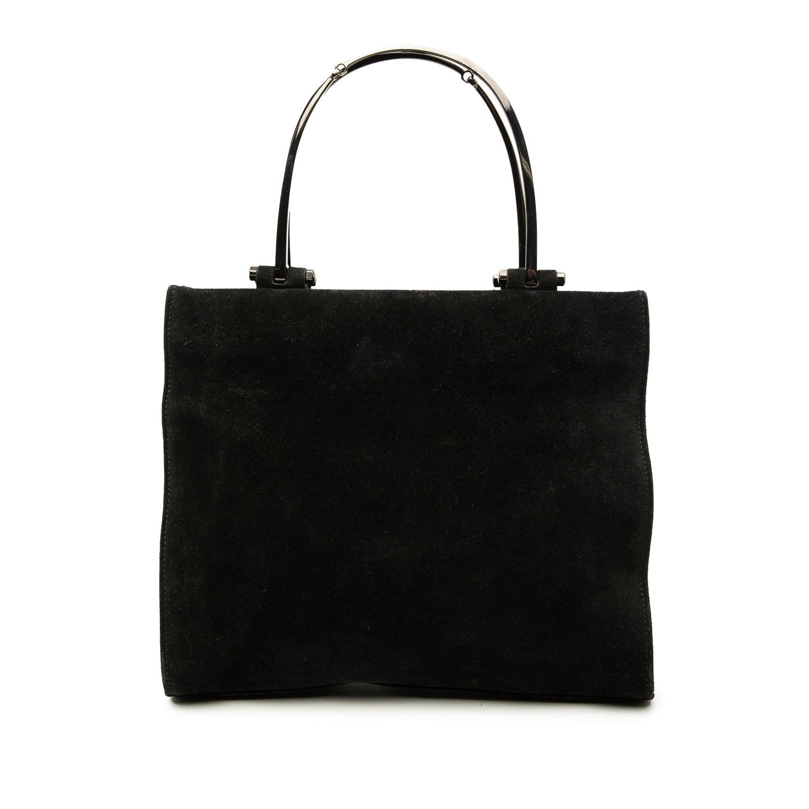 Gucci Suede Metal Handle Handbag Black Leather: Gucci Suede Metal Handle Handbag Black Leather Gucci Suede Metal Handle Bag in black, made in Italy. This handbag features a suede leather body, metal top handles, an open top, and interior zip pocket