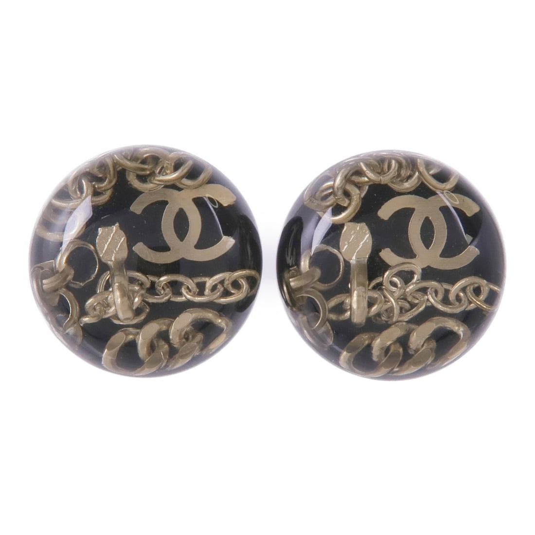 CHANEL CC Black PVC Metal Pierced Earrings: CHANEL CC Black PVC Metal Pierced Earrings CHANEL pierced earrings in black PVC and metal, presented in a CC design. The item is for women and is made in France. It measures 15mm x 15mm and is in very