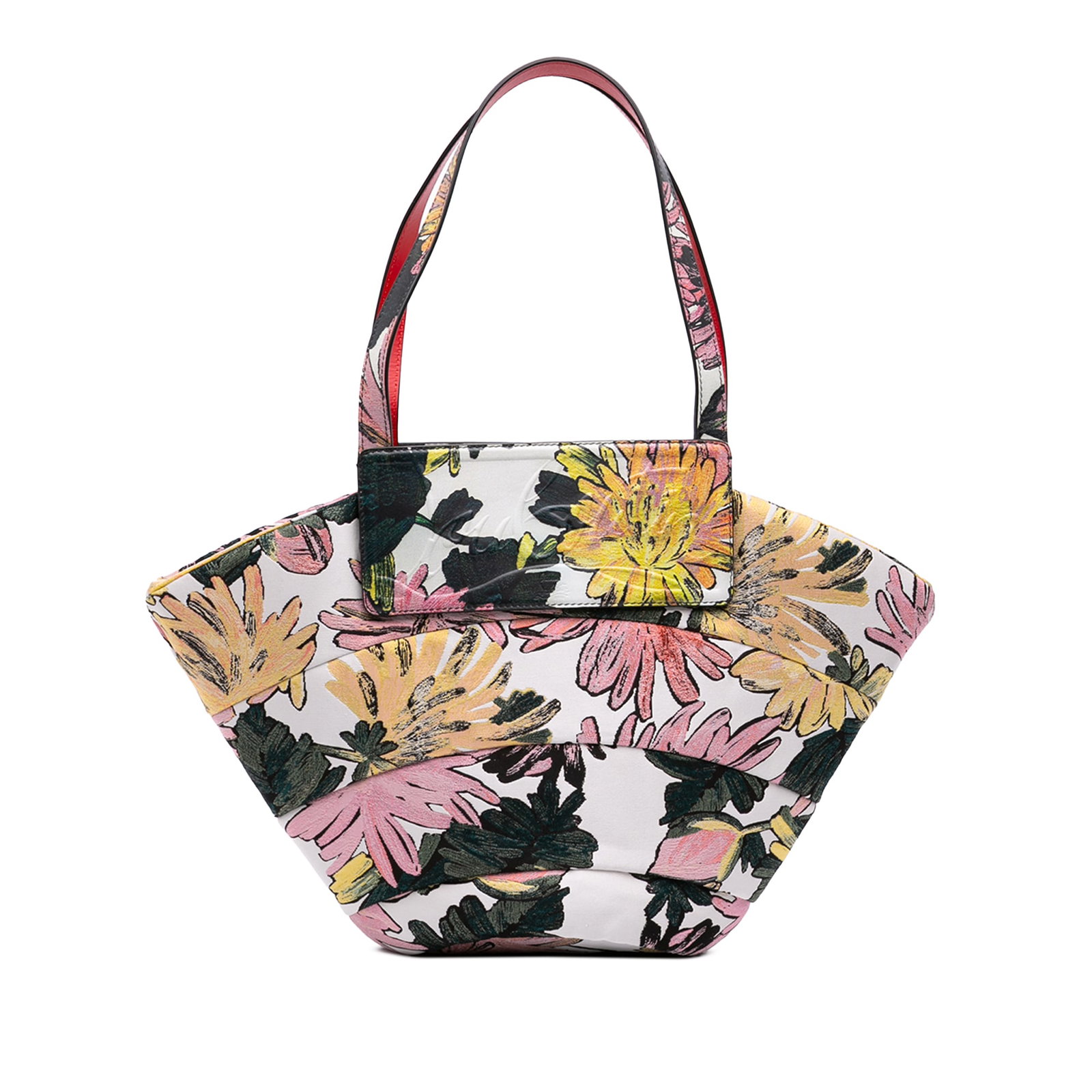 Christian Louboutin Loubishore Floral Embroidered Canvas Tote Bag: Christian Louboutin Loubishore Floral Embroidered Canvas Tote Bag Christian Louboutin Loubishore tote in embroidered canvas with a white fabric exterior, flat shoulder straps, and an open top with lob