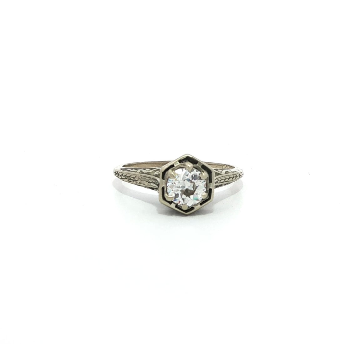 Antique Art Deco White Gold Engagement Ring 0.50ct Diamond Scroll Design: Antique Art Deco White Gold Engagement Ring 0.50ct Diamond Scroll Design Discover a stunning Antique Art Deco Engagement Ring crafted in solid white gold, featuring a beautifully prong-set natural dia