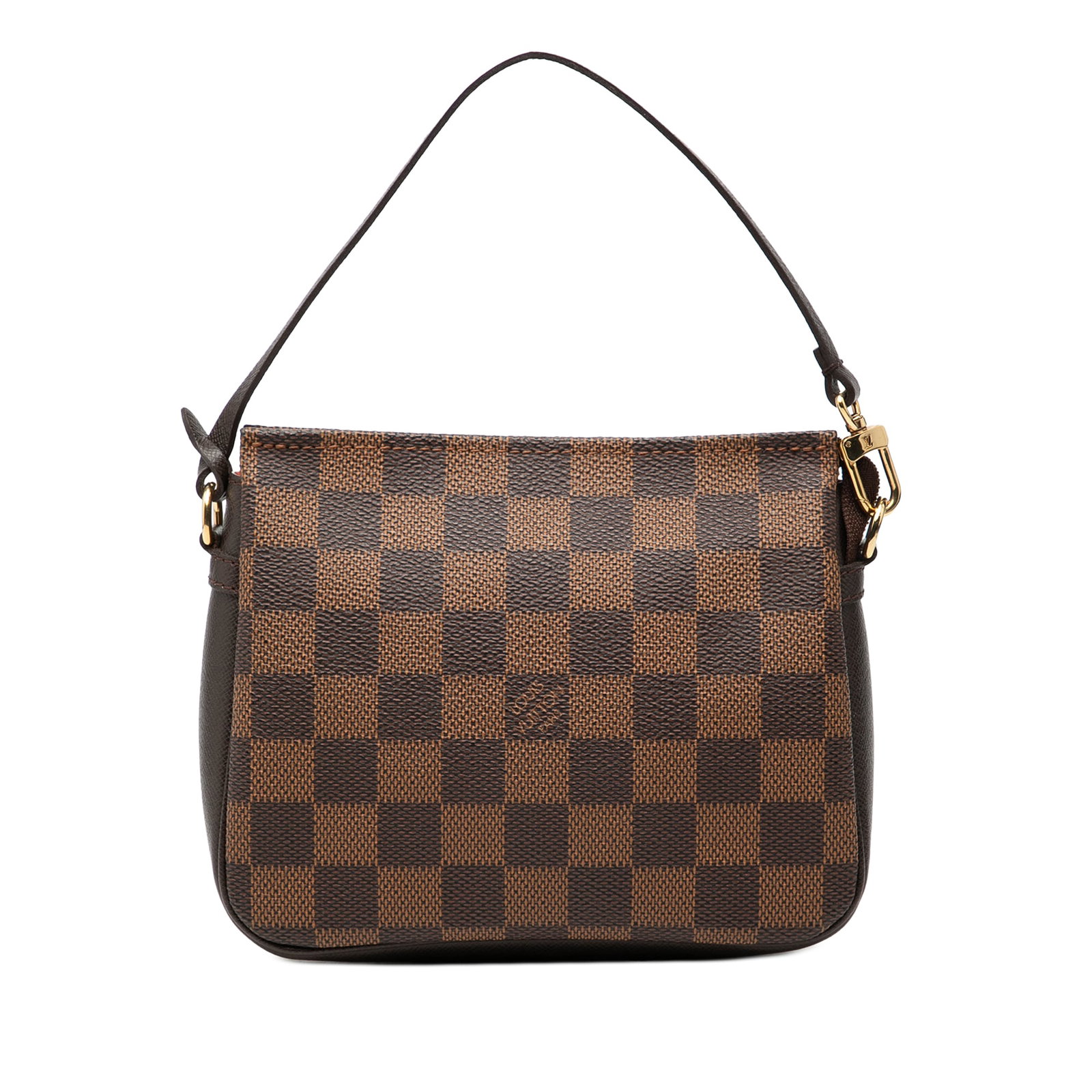 Louis Vuitton Damier Ebene Canvas Trousse Pochette Bag with Leather Trim: Louis Vuitton Damier Ebene Canvas Trousse Pochette Bag with Leather Trim The Louis Vuitton Damier Ebene Trousse Pochette features a brown Damier Ebene canvas body with leather trim, a flat leather str
