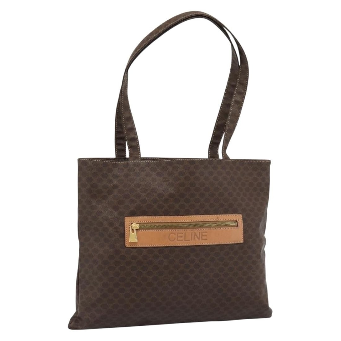 CELINE Macadam Canvas PVC Leather Tote Brown Gold: CELINE Macadam Canvas PVC Leather Tote Brown Gold CELINE tote bag in brown and gold PVC leather and Macadam canvas, made in Italy. It features a structured tote style with approximate dimensions of 41