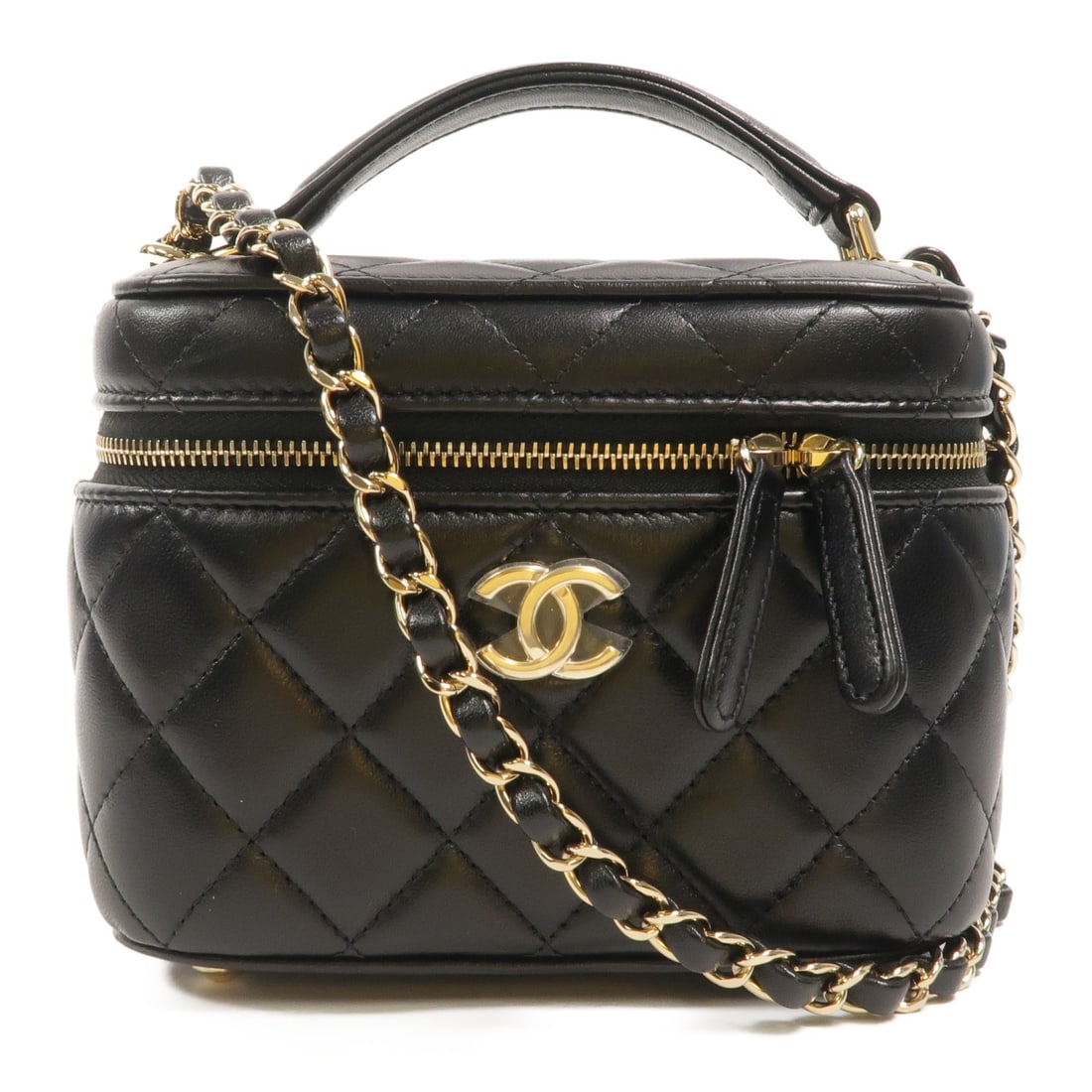 CHANEL AS3171 Lambskin Vanity Bag Black Top Handle Chain Strap: CHANEL AS3171 Lambskin Vanity Bag Black Top Handle Chain Strap A CHANEL vanity case in black lambskin with a top handle and 2-way chain shoulder carry. It features a mirror attached under the top side
