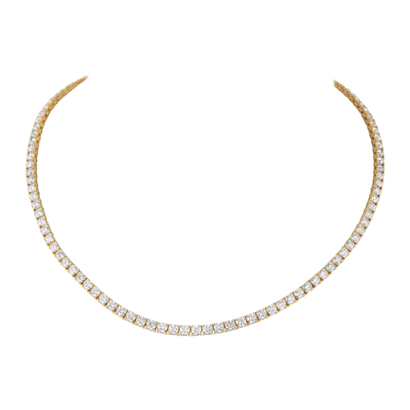 13.07ct Diamond Tennis Necklace 18k Yellow Gold Contemporary: 13.07ct Diamond Tennis Necklace 18k Yellow Gold Contemporary This stunning diamond tennis necklace features a total weight of 13.07 carats, showcasing 114 round brilliant diamonds with approximately I