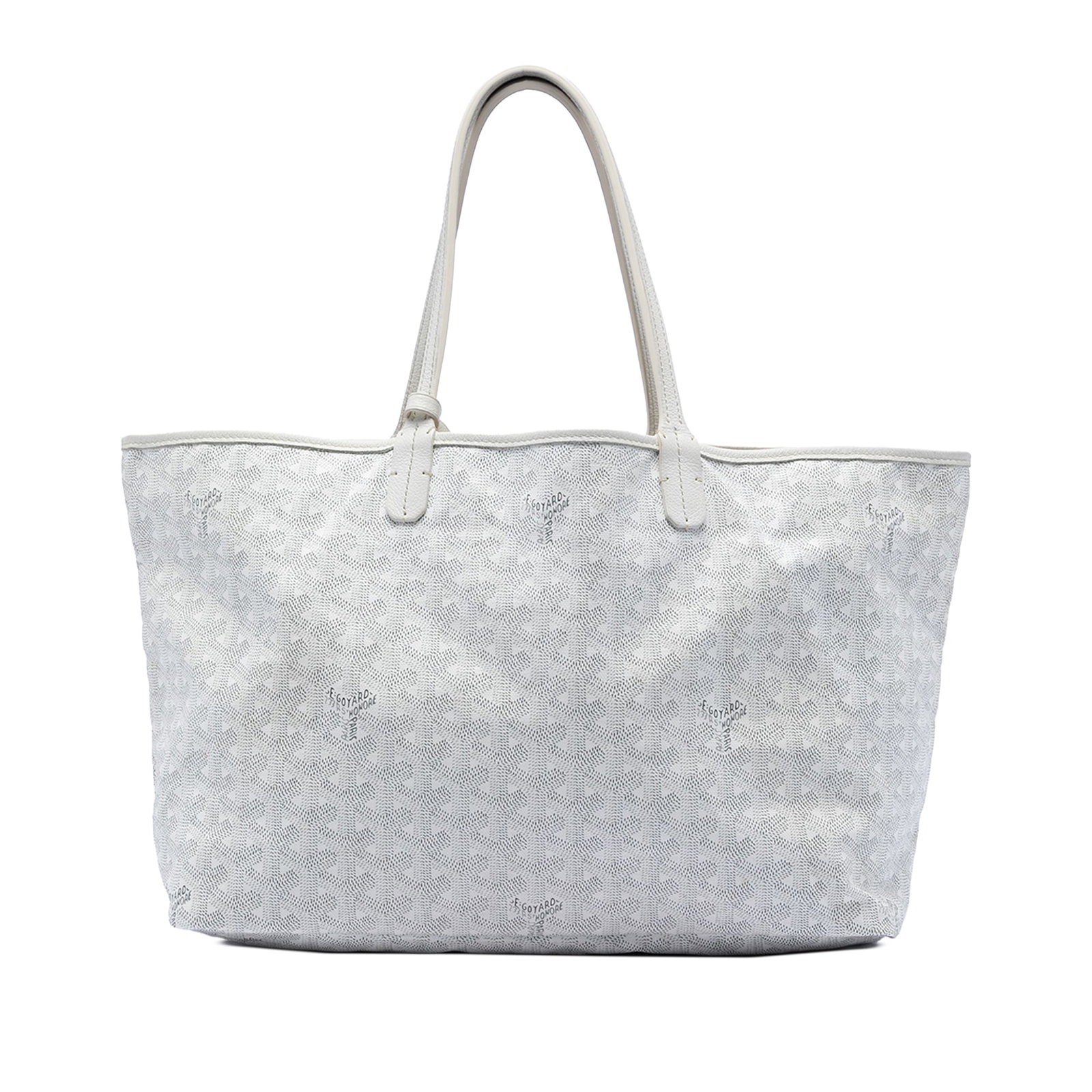 Goyard Saint Louis PM White Coated Canvas Tote with Pouch: Goyard Saint Louis PM White Coated Canvas Tote with Pouch This Saint Louis PM tote features a coated canvas exterior with a signature pattern, flat leather straps, an open top design, and comes with a