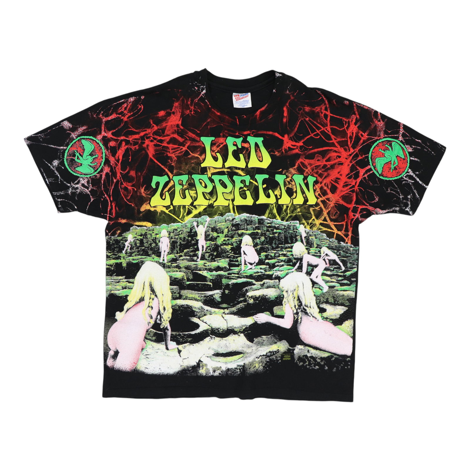 Vintage 1992 Led Zeppelin Houses of the Holy Graphic Cotton Shirt XL: Vintage 1992 Led Zeppelin Houses of the Holy Graphic Cotton Shirt XL This is an original vintage 1992 Led Zeppelin Houses Of The Holy all over print shirt. It features front and back graphics and is m