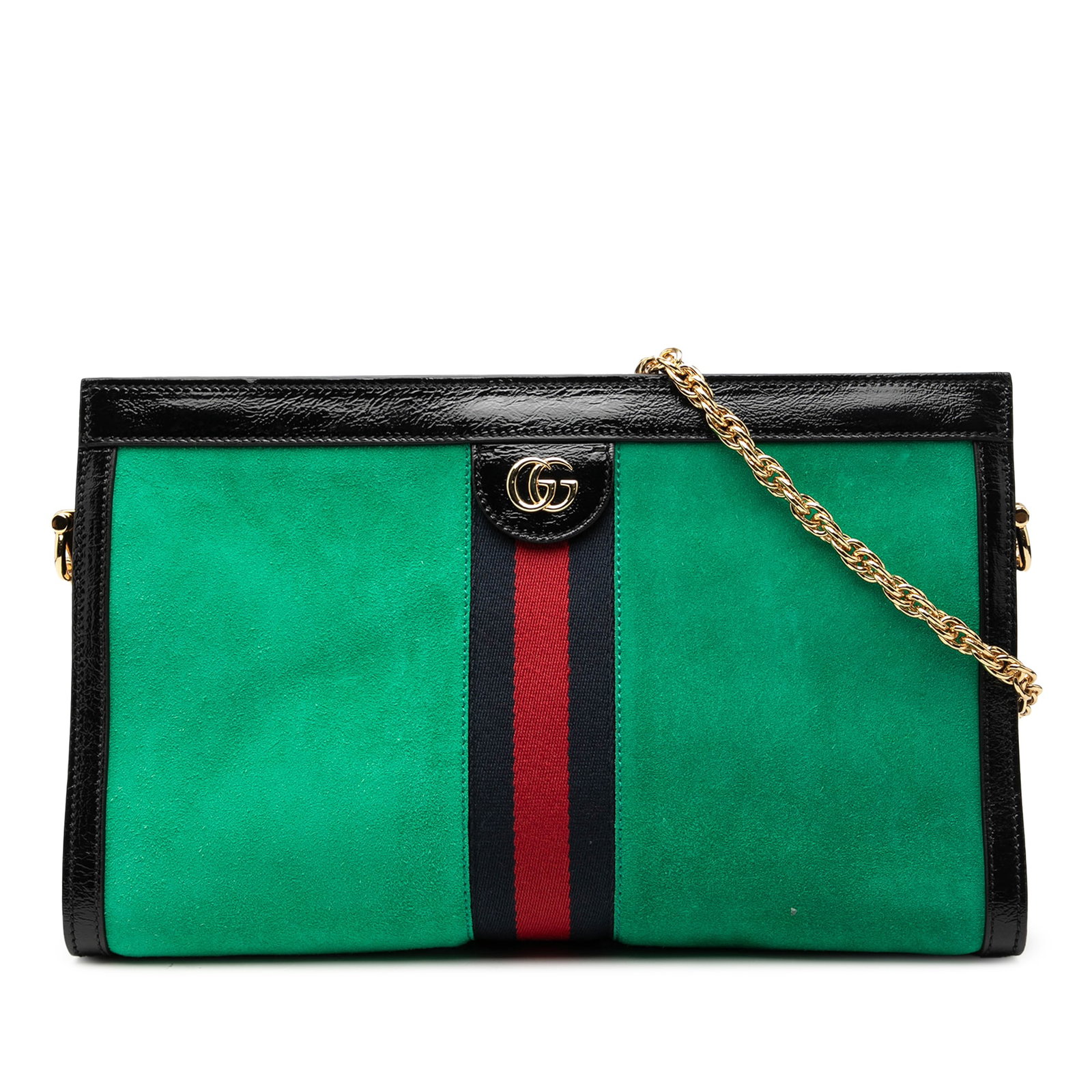 Gucci Ophidia Green Suede Leather Medium Chain Shoulder Bag: Gucci Ophidia Green Suede Leather Medium Chain Shoulder Bag This Gucci Medium Suede Web Ophidia Chain Shoulder Bag features a green suede body with leather trim, chain link shoulder strap, and an open