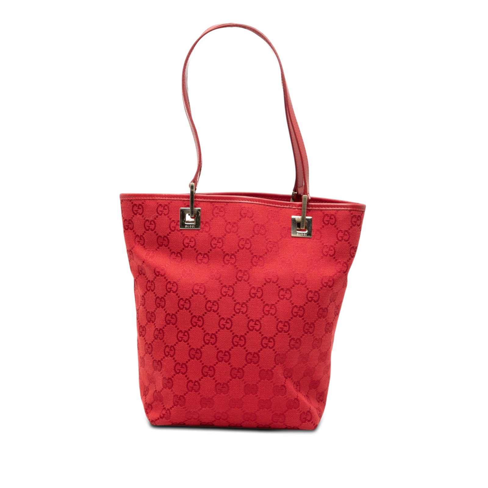 Gucci Red GG Canvas Tote Bag with Leather Handles: Gucci Red GG Canvas Tote Bag with Leather Handles This Gucci GG Canvas Tote features a canvas exterior with flat leather handles, an open top design, and an interior zip pocket. The bag is crafted in 