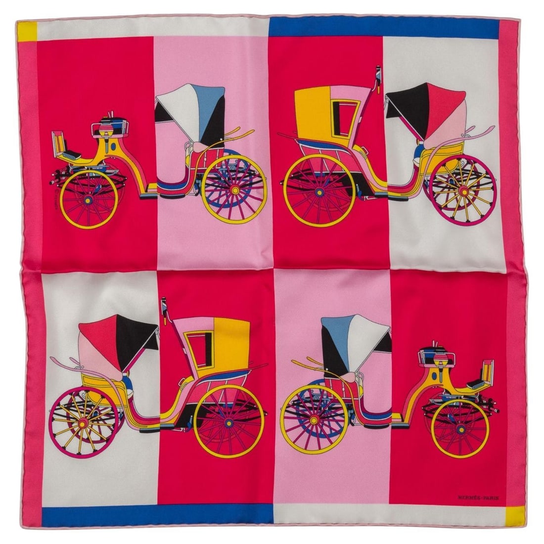 Hermes Pink Carriages Silk Gavroche Multicolor 16.5 in New: Hermes Pink Carriages Silk Gavroche Multicolor 16.5 in New Introducing the exquisite Hermes Pink Carriages Silk Gavroche, showcasing a vibrant multicolor design that embodies elegance and sophisticati