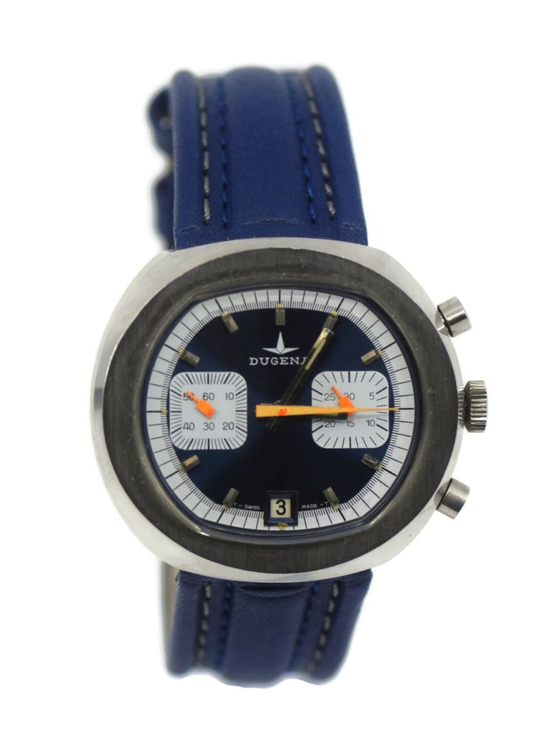 Dugena 42mm Blue Dial Chronograph Stainless Steel Wristwatch: Dugena 42mm Blue Dial Chronograph Stainless Steel Wristwatch This Dugena Chronograph is a stylish wristwatch that combines classic design with precise functionality. Featuring a striking blue dial, th