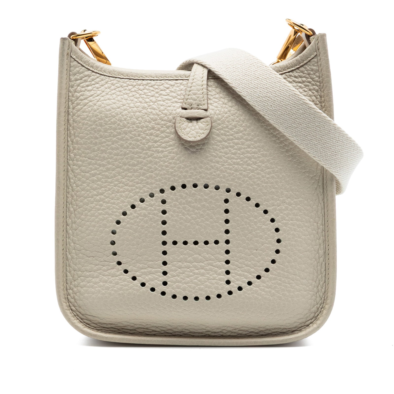 Hermes Evelyne I TPM 16 Clemence Leather Crossbody Bag: Hermes Evelyne I TPM 16 Clemence Leather Crossbody Bag Hermes Clemence Evelyne I TPM 16 bag from France, featuring a Clemence leather body in Beton color, a detachable flat canvas strap, and an open t