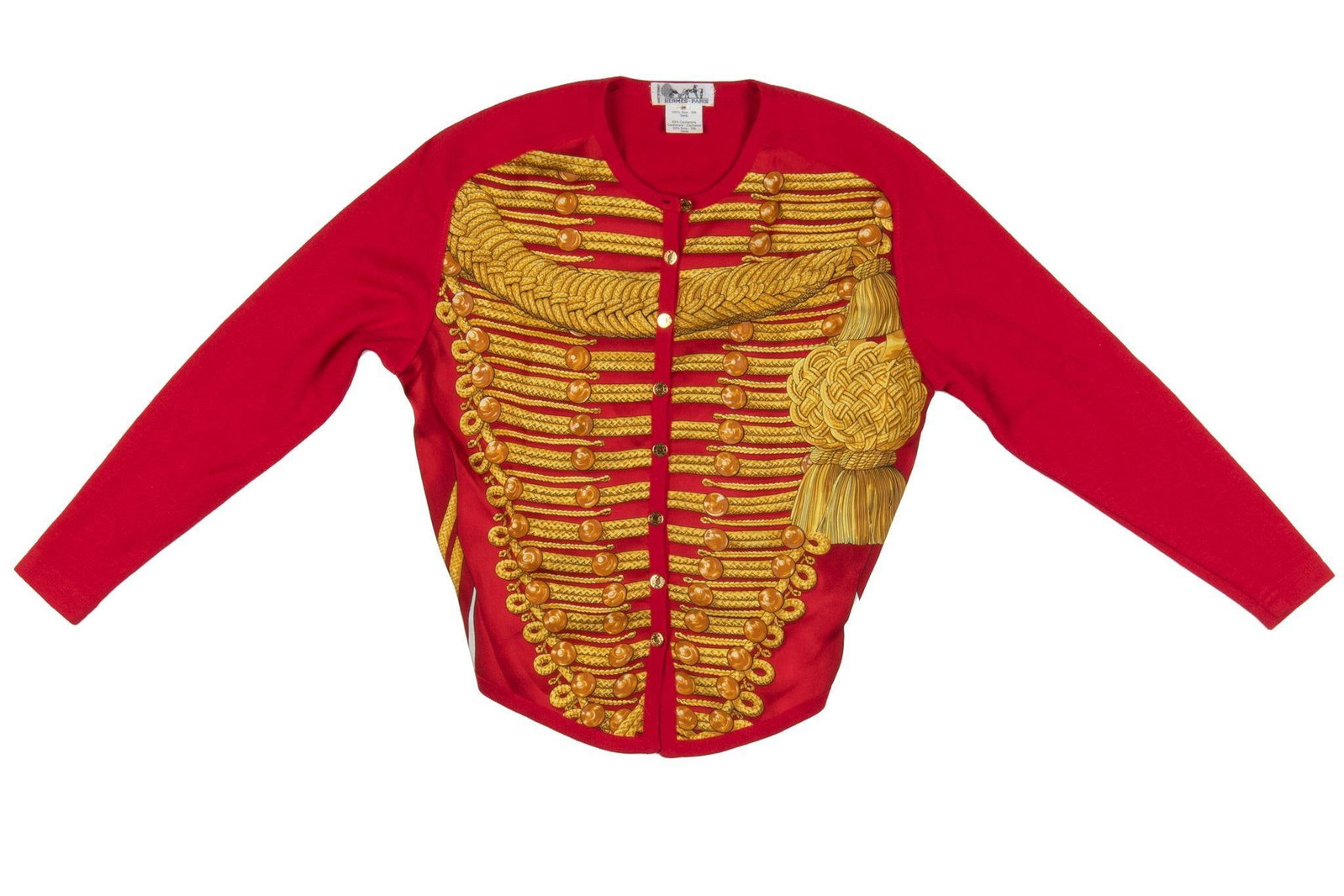 Hermes Brandebourgs Silk Waist Coat Size 36: Hermes Brandebourgs Silk Waist Coat Size 36 This Hermes Brandebourgs waist coat is crafted in France from 100% silk, featuring a striking Brandebourgs motif on the front in silk twill. The sleeves and