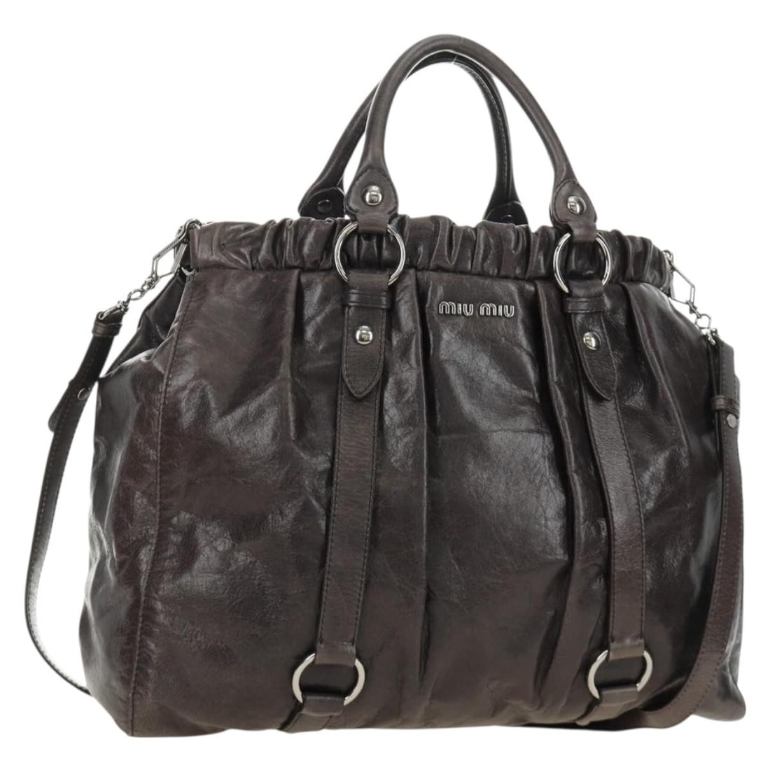 Miu Miu Gray Silver Leather 2way Handbag with Shoulder Strap: Miu Miu Gray Silver Leather 2way Handbag with Shoulder Strap Miu Miu leather 2-way handbag in gray and silver, made in Italy. It comes with a dust bag and shoulder strap. The bag shows reasonable wear