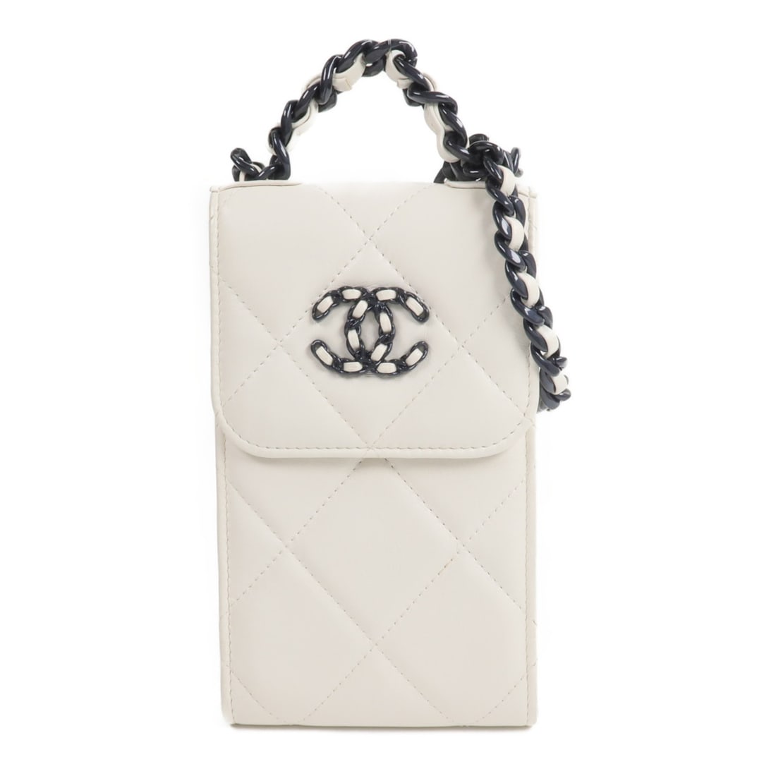 Chanel AP1773 CC 19 Lambskin Phone Holder Chain Bag White: Chanel AP1773 CC 19 Lambskin Phone Holder Chain Bag White A CHANEL CC 19 phone holder with chain shoulder bag in white lambskin leather. It features a magnetic pocket and an interior card section for 