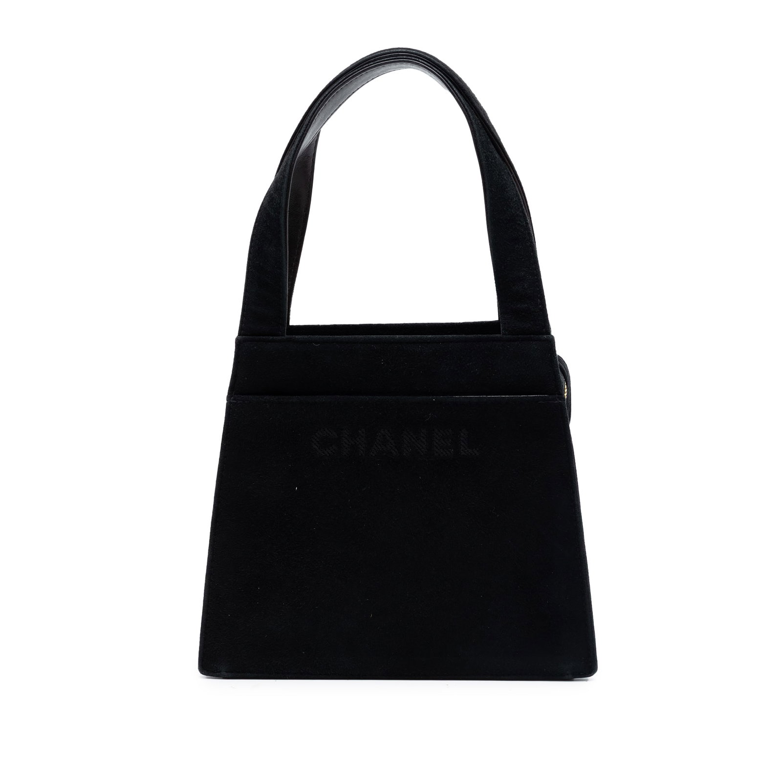 Chanel Suede Logo Bag Black Leather Top Zip Handbag: Chanel Suede Logo Bag Black Leather Top Zip Handbag Black handbag with a suede body, flat handles, a top zip closure, and an interior slip pocket. It is identified as a Chanel Suede Logo Handbag from 