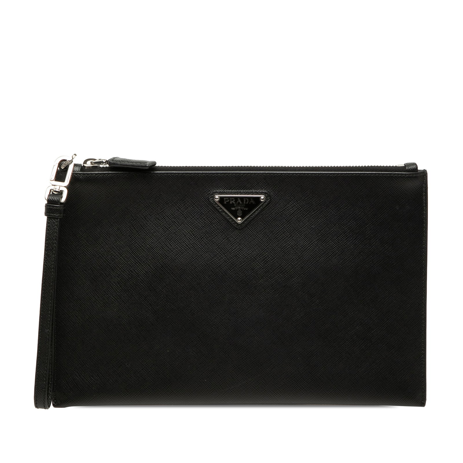 Prada Saffiano Leather Zip Clutch with Detachable Wrist Strap: Prada Saffiano Leather Zip Clutch with Detachable Wrist Strap Prada Saffiano Wristlet Clutch in black leather, featuring a saffiano leather body, a detachable flat leather wrist strap, and a top zip c