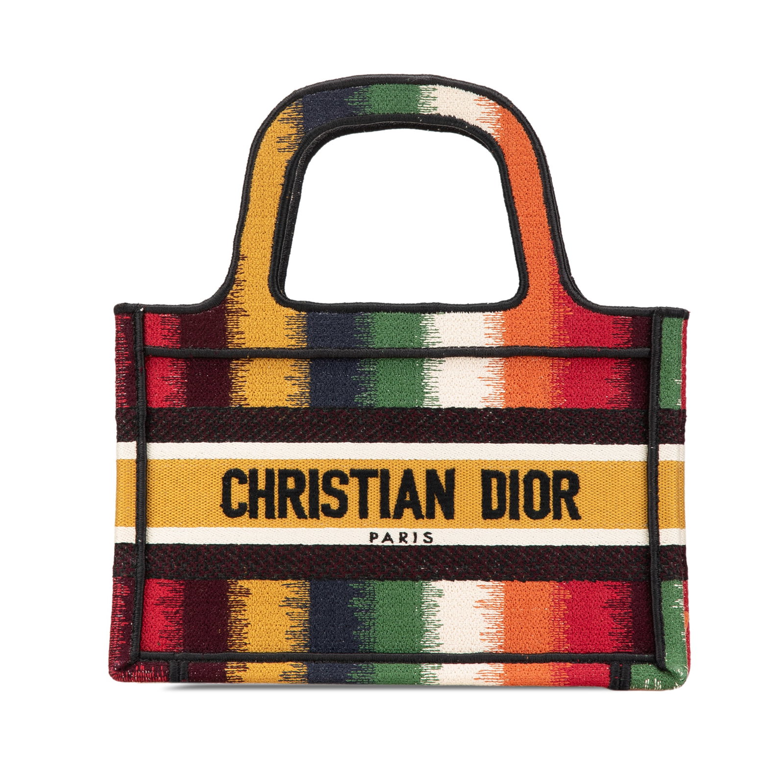 Dior Mini D Stripes Yellow Embroidered Canvas Book Tote: Dior Mini D Stripes Yellow Embroidered Canvas Book Tote Introducing the Dior Mini D Stripes Book Tote, a stylish and functional accessory crafted from embroidered canvas. This tote features flat handl