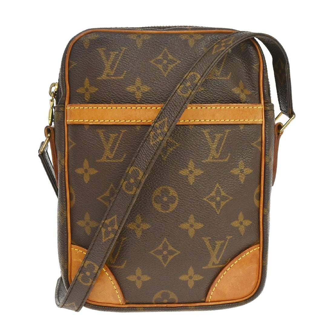 Louis Vuitton Danube Monogram Canvas Crossbody Bag M45266: Louis Vuitton Danube Monogram Canvas Crossbody Bag M45266 Vintage Louis Vuitton Danube crossbody shoulder bag in brown Monogram canvas with leather trim and gold-color hardware. This medium bag featur