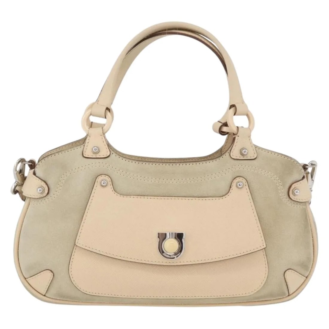 Beige Suede Handbag Salvatore Ferragamo Gancini 23cm: Beige Suede Handbag Salvatore Ferragamo Gancini 23cm Salvatore Ferragamo Gancini suede bag in beige. This vintage piece is in good, usable condition with visible wear consistent with age and use, incl