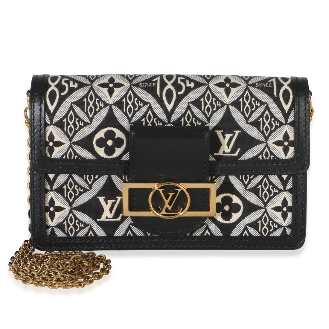 Louis Vuitton Dauphine Chain Wallet Black Since 1854 Jacquard: Louis Vuitton Dauphine Chain Wallet Black Since 1854 Jacquard Louis Vuitton Dauphine Chain Wallet in black and blue Since 1854 jacquard fabric. This pre-owned unisex bag features a magnetic snap closu