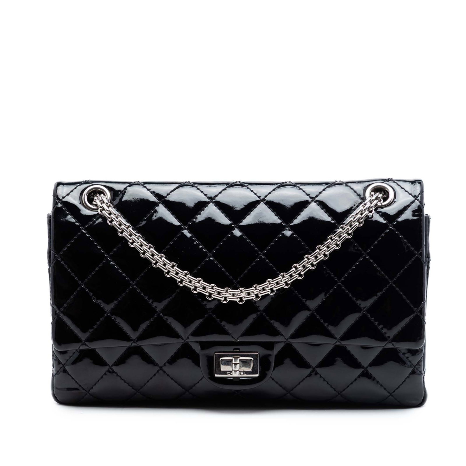 Chanel Reissue 2.55 226 Patent Leather Shoulder Bag Black: Chanel Reissue 2.55 226 Patent Leather Shoulder Bag Black This Chanel Quilted Patent Reissue 2.55 Double Flap 226 shoulder bag is crafted in black patent leather with a chain link shoulder strap and a