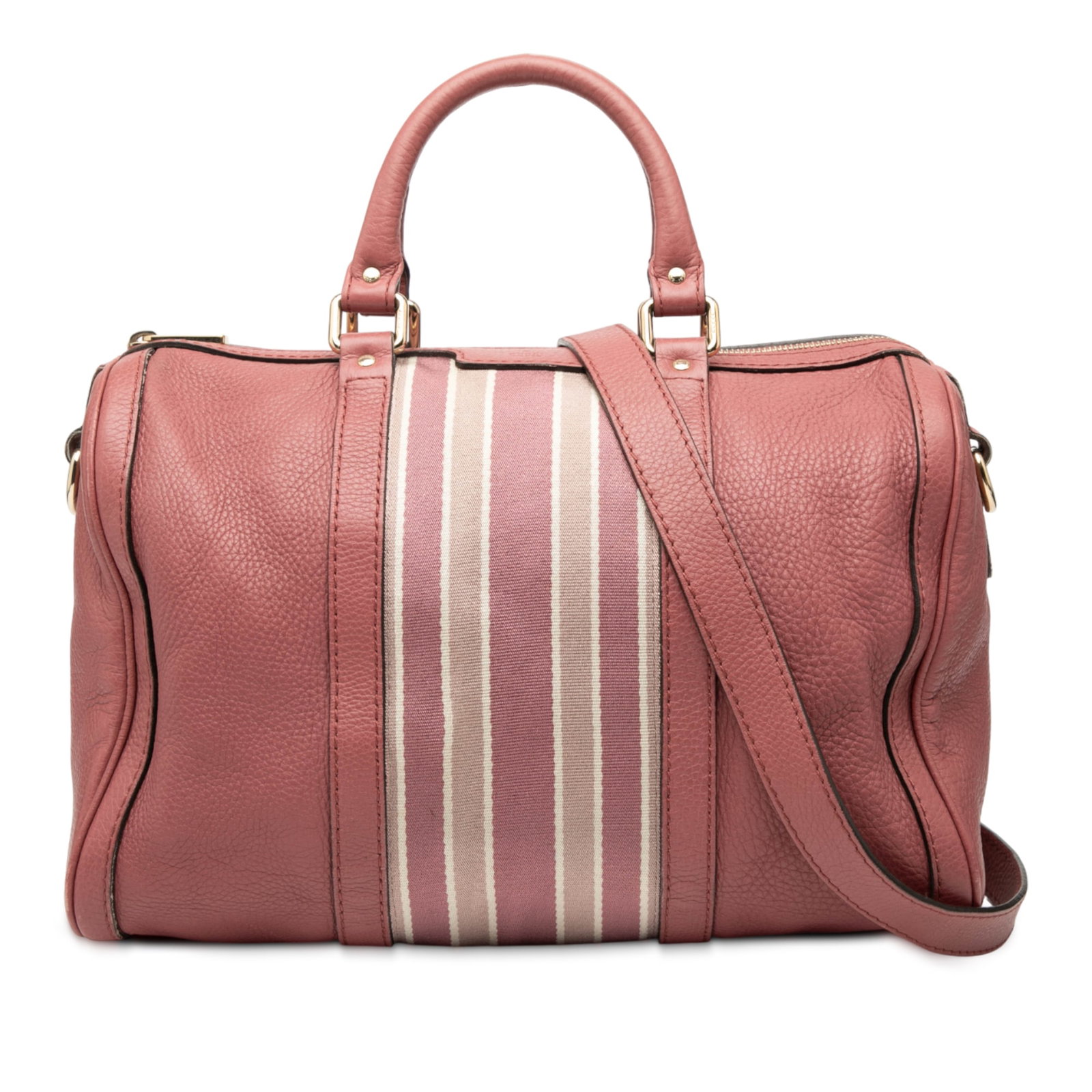 Gucci Joy Boston Medium Pink Leather Satchel with Web Stripe: Gucci Joy Boston Medium Pink Leather Satchel with Web Stripe This Gucci Medium Calfskin Web Joy Boston Bag features a pink leather body accented with signature canvas web detailing. It includes rolled