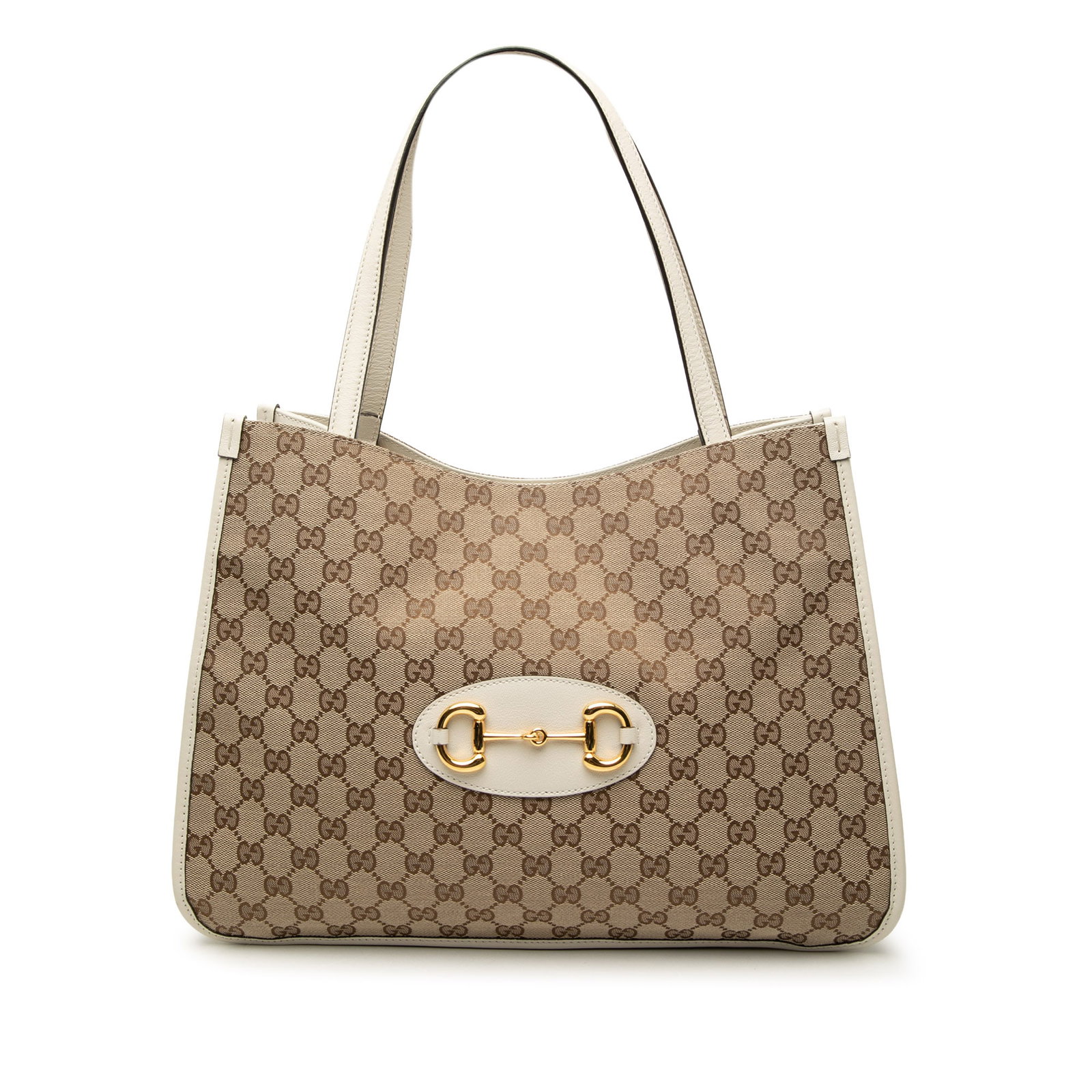 Gucci Horsebit 1955 Medium Tote in GG Canvas: Gucci Horsebit 1955 Medium Tote in GG Canvas Gucci Medium GG Canvas Horsebit 1955 Tote in beige with leather trim. This tote features flat leather straps, an open top with magnetic snap closure, and a