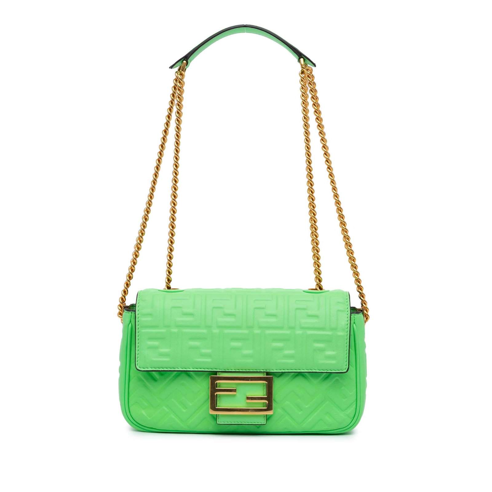 Fendi Zucca Embossed Leather Chain Midi Baguette Green Bag: Fendi Zucca Embossed Leather Chain Midi Baguette Green Bag Introducing the Fendi Zucca Embossed Leather Chain Midi Baguette, a sophisticated shoulder bag crafted from embossed leather in a striking gr