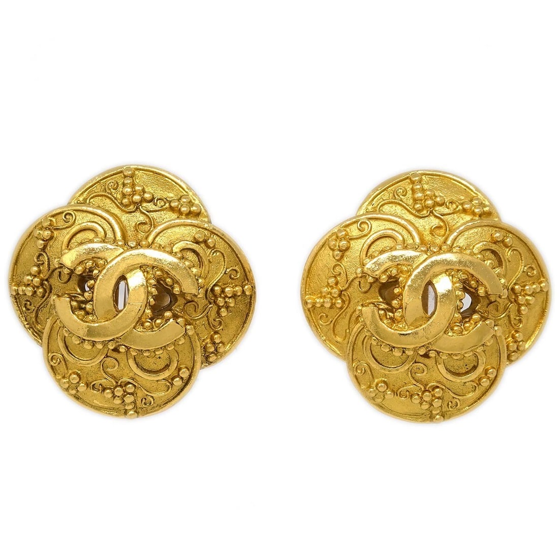 Chanel 96A Gold Plated Clip-On Clover CC Earrings: Chanel 96A Gold Plated Clip-On Clover CC Earrings Clip-on Chanel earrings in a clover button design with interlocking CC motif. Crafted in gold-plated metal, this pair is marked 96A and made in France