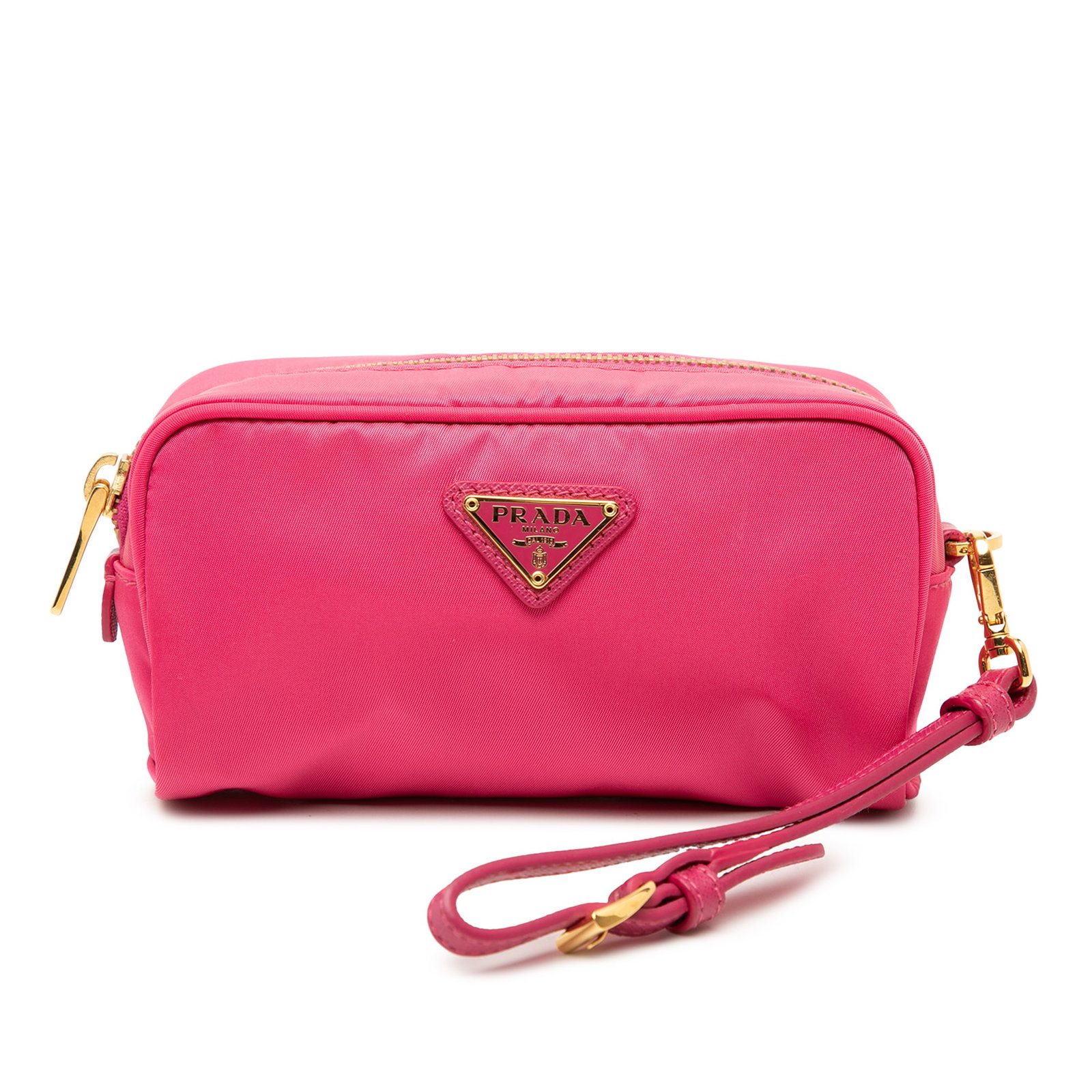 Pink Nylon Prada Tessuto Pouch with Leather Wrist Strap: Pink Nylon Prada Tessuto Pouch with Leather Wrist Strap This Prada Tessuto Wristlet Pouch features a pink nylon body with a detachable and adjustable flat leather wrist strap. It is designed with a to
