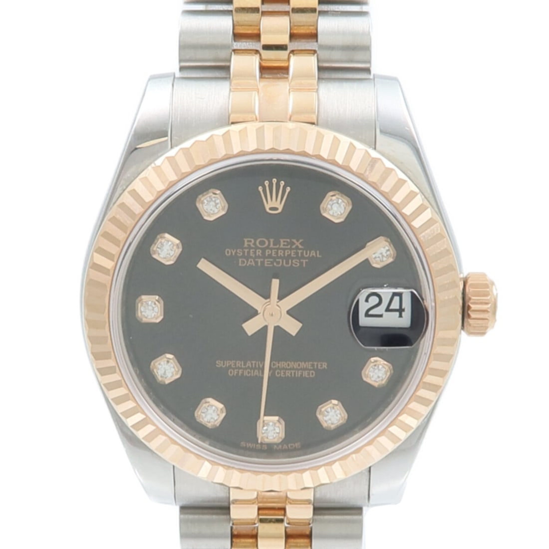 Rolex 178271G Datejust ladies automatic watch steel 18K pink gold diamond: Rolex 178271G Datejust ladies automatic watch steel 18K pink gold diamond Ladies ROLEX Datejust automatic watch, model 178271G (2014), with a black dial and black strap. It features a stainless steel 