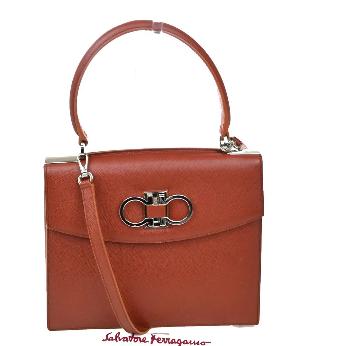 Salvatore Ferragamo Double Gancini Leather Top Handle Handbag Brown (1 of 14)