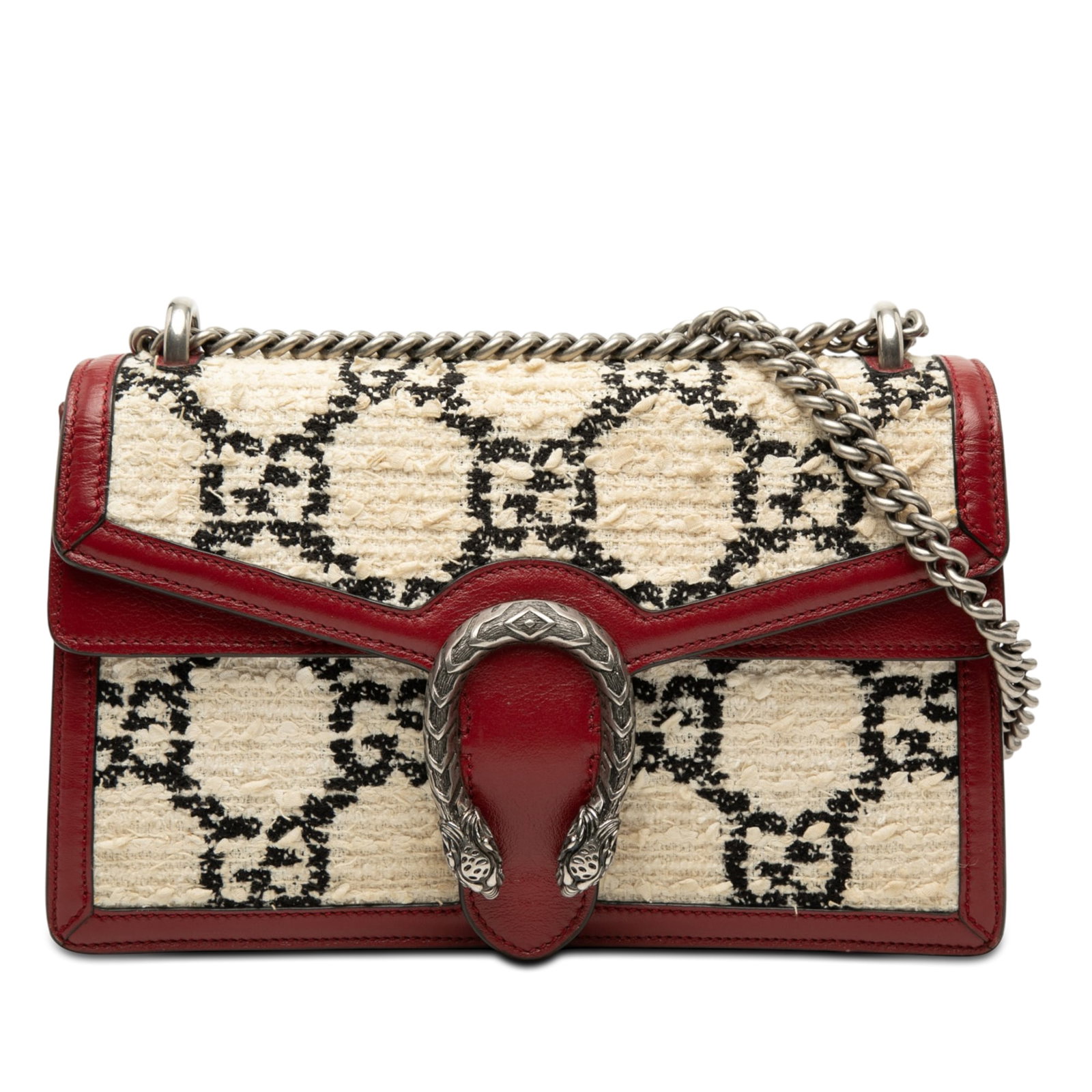 Gucci Dionysus Medium GG Tweed Shoulder Bag with Leather Trim: Gucci Dionysus Medium GG Tweed Shoulder Bag with Leather Trim Medium Dionysus shoulder bag in beige GG tweed with leather trim. This flap-front design features a curb chain link shoulder strap, a magn