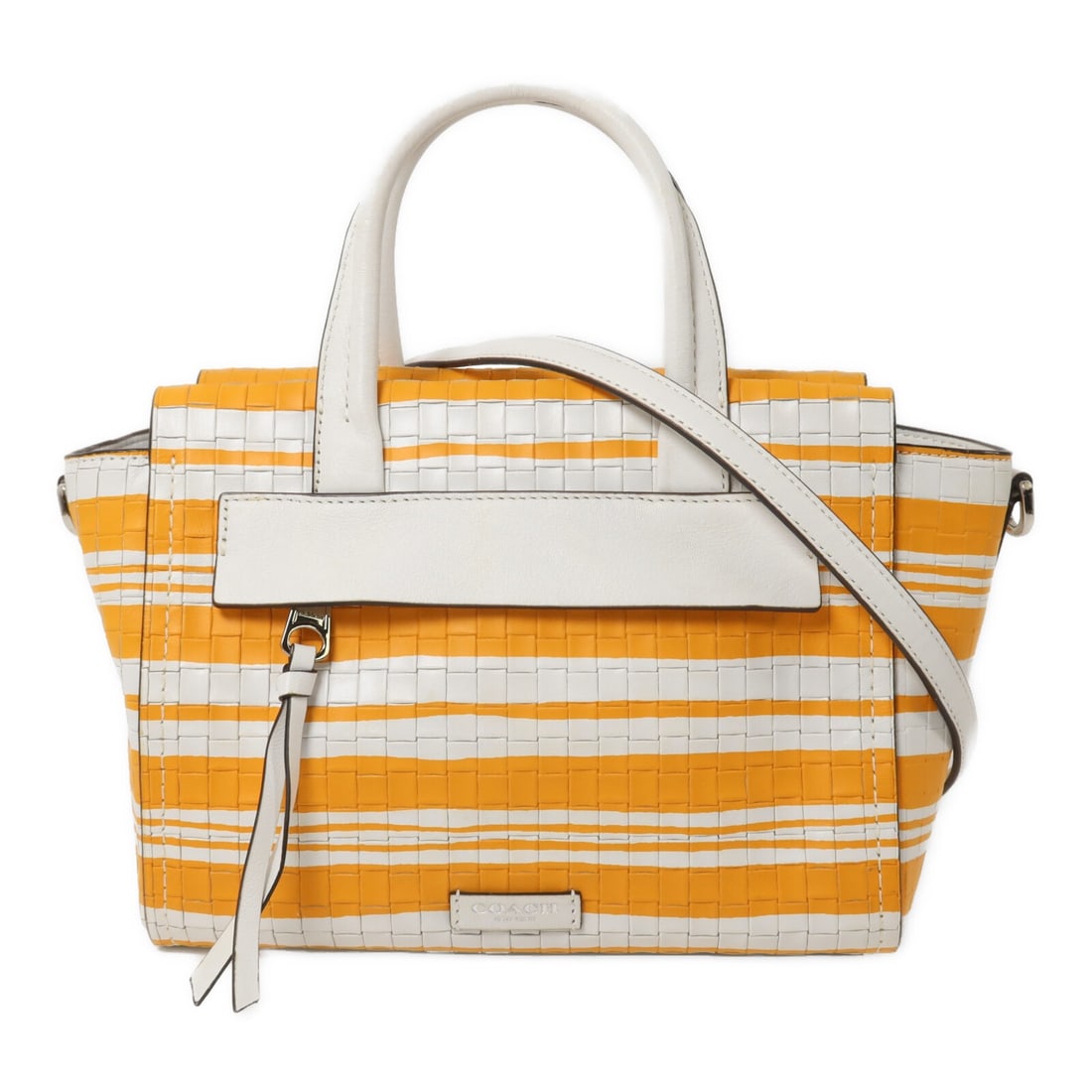 COACH 31001 calfskin 2-way shoulder bag white yellow: COACH 31001 calfskin 2-way shoulder bag white yellow A COACH 2-way shoulder bag made from calfskin (cowhide) leather in white and yellow. It features a regular women's size, with a structured design a