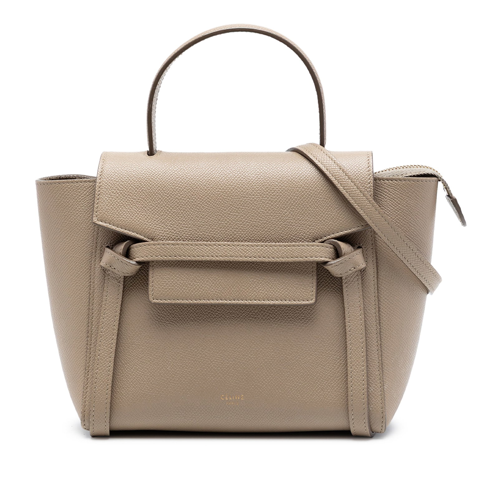 Celine Nano Belt Bag in Brown Grained Calfskin Leather: Celine Nano Belt Bag in Brown Grained Calfskin Leather This Celine Nano Grained Calfskin Belt Bag is crafted in leather with a leather body, flat leather handle, and detachable flat shoulder strap. It