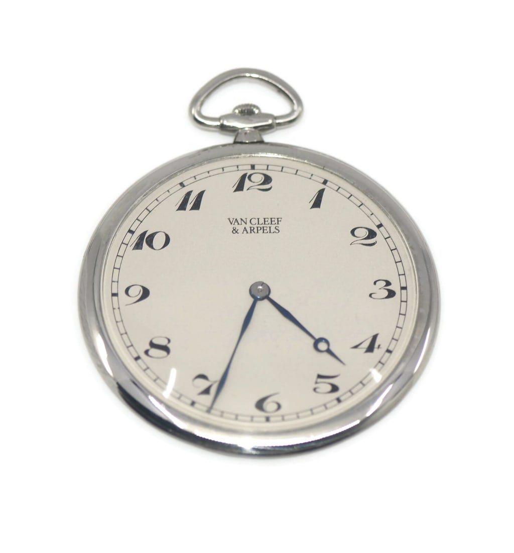 18K White Gold Mechanical Pocket Watch by Van Cleef & Arpels 45mm: 18K White Gold Mechanical Pocket Watch by Van Cleef & Arpels 45mm This Van Cleef & Arpels pocket watch is crafted from 18K white gold and features a mechanical manual movement. Designed for unisex adu