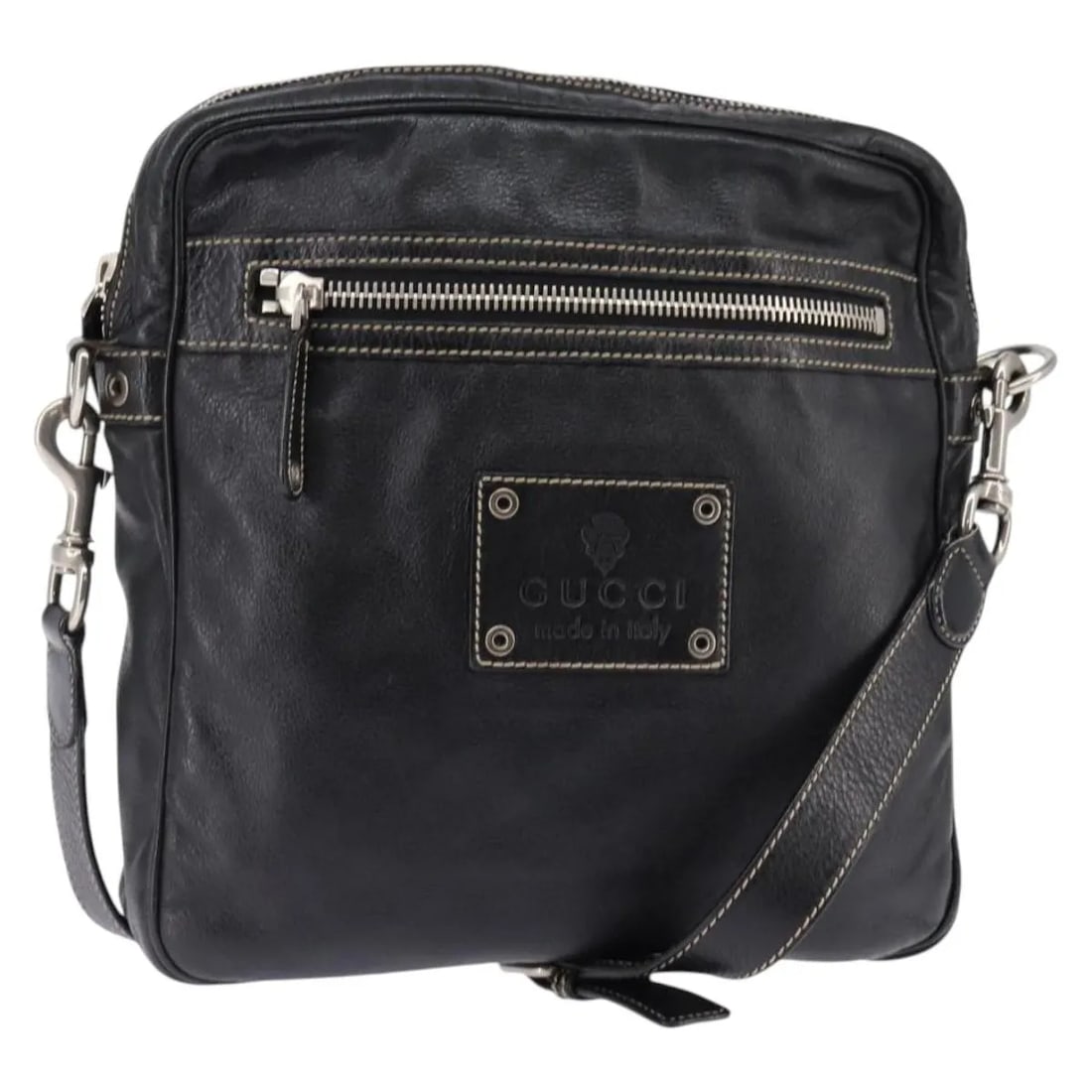 Black Leather Front Zip Messenger Bag by Gucci Unisex: Black Leather Front Zip Messenger Bag by Gucci Unisex This Gucci Front Zip Messenger bag is crafted from black leather and designed for unisex use. Made in Italy, it features a zippered front and a sh