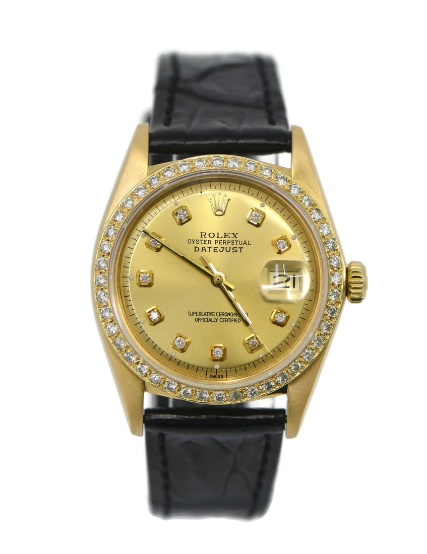 Rolex Datejust 18K Yellow Gold Wristwatch With Aftermarket Diamond Bezel 1601: Rolex Datejust 18K Yellow Gold Wristwatch With Aftermarket Diamond Bezel 1601 This Rolex Datejust wristwatch features an 18K yellow gold case measuring 36mm, paired with a champagne dial and an analog