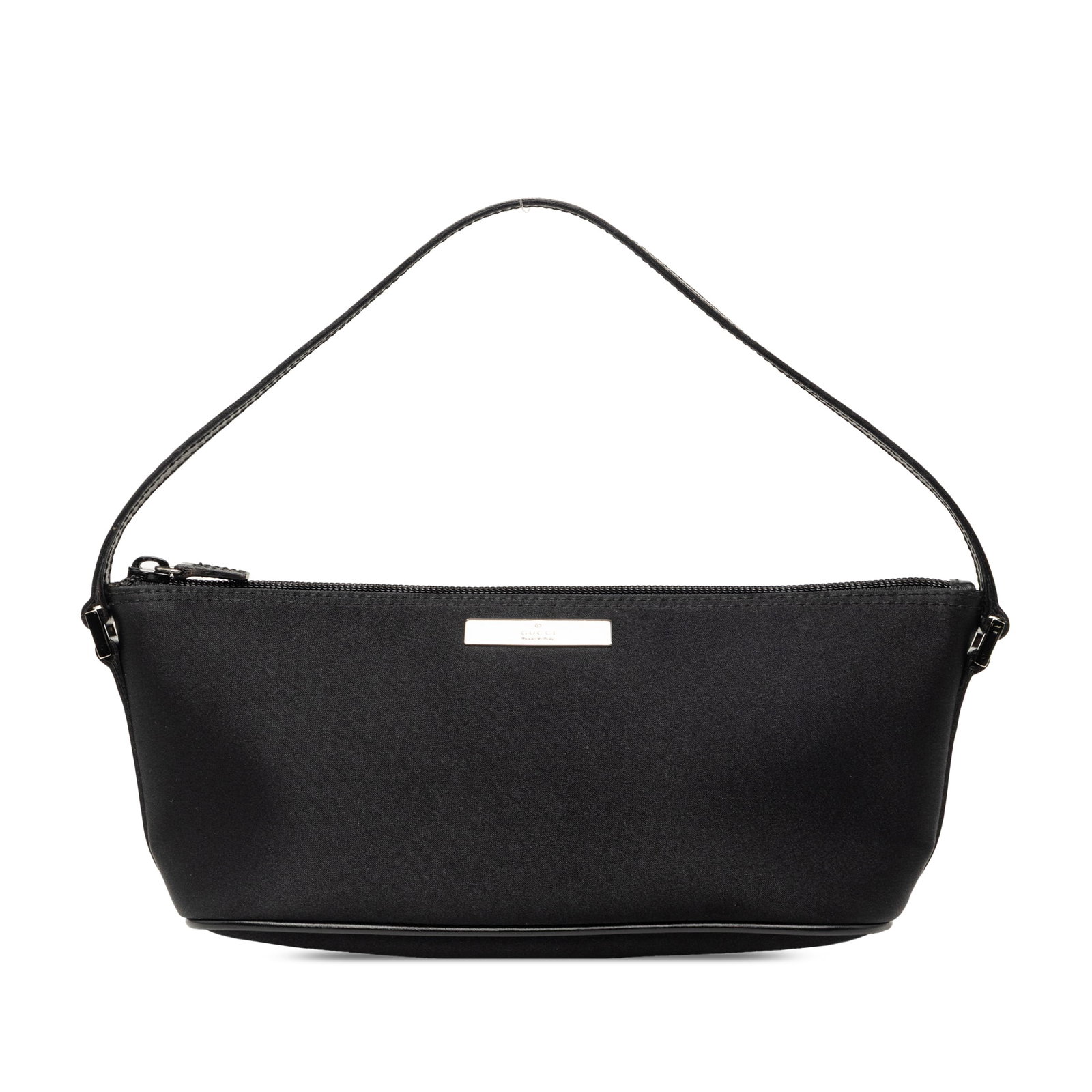 Gucci Nylon Boat Shoulder Bag in Black with Leather Trim: Gucci Nylon Boat Shoulder Bag in Black with Leather Trim Gucci Nylon Boat shoulder bag in black with a nylon body, leather trim, a flat leather handle, and a top zip closure. Made in Italy. Condition 