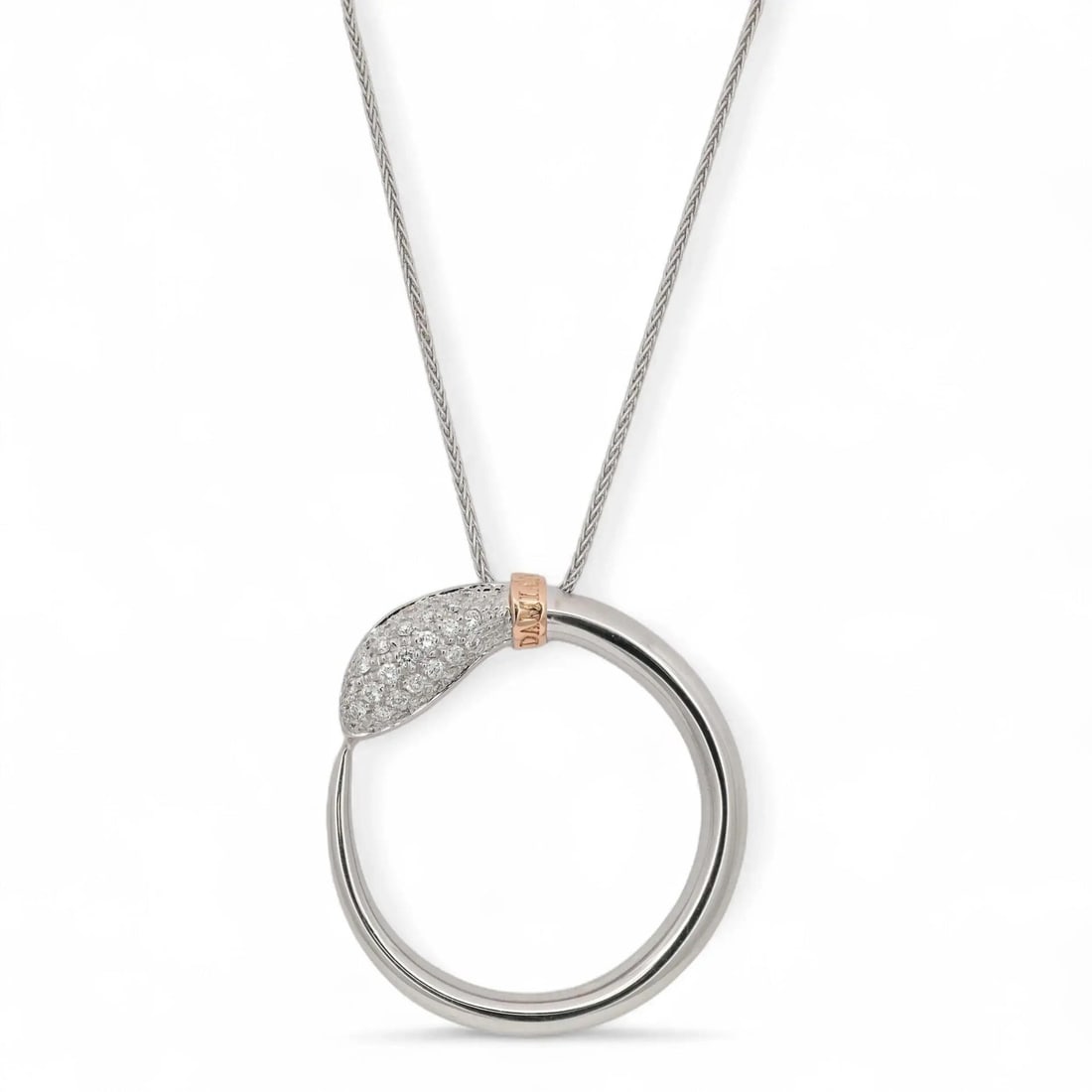 Damiani Infinito 18K White Rose Gold Diamond Pendant Necklace 0.35ctw: Damiani Infinito 18K White Rose Gold Diamond Pendant Necklace 0.35ctw Exquisite Damiani Infinito Diamond Round Pendant Necklace, beautifully crafted in 18K white and rose gold. This elegant pendant fe