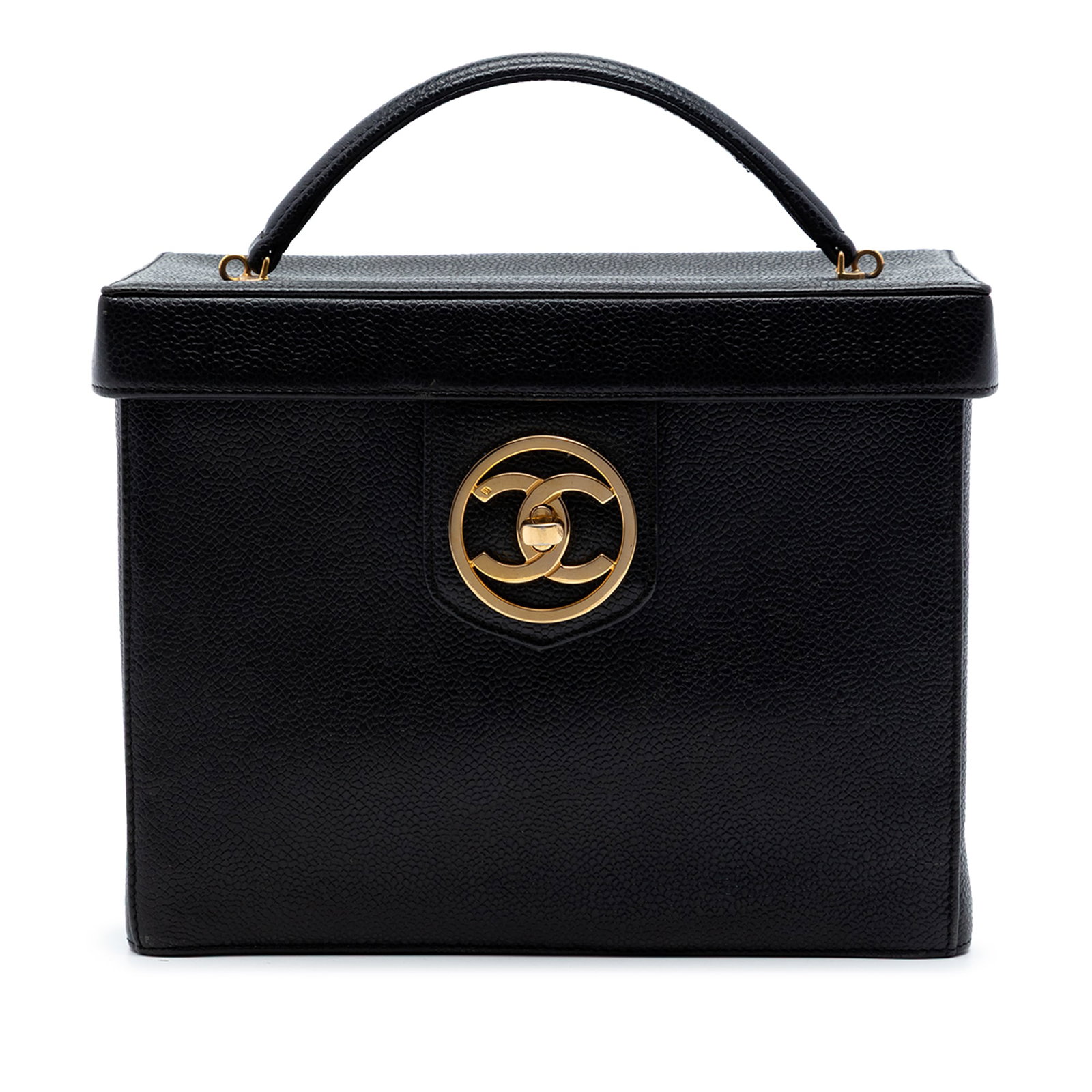 Chanel vanity satchel in caviar leather with turnlock: Chanel vanity satchel in caviar leather with turnlock This Chanel CC Caviar Turnlock Vanity Bag is crafted from durable caviar leather in black and features a flat leather top handle. The bag is secur