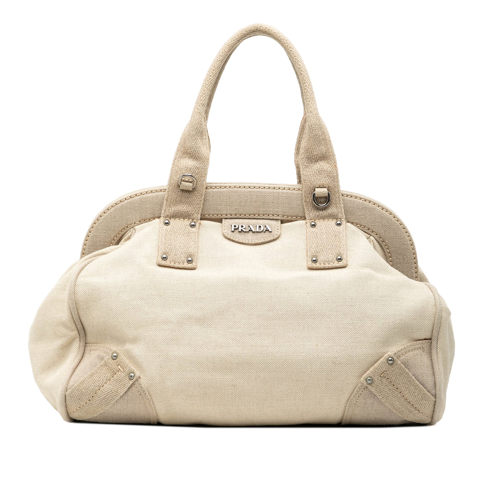 Prada Canapa Mistolino White Canvas Frame Tote Bag: Prada Canapa Mistolino White Canvas Frame Tote Bag This Prada Canvas Canapa Mistolino Frame Satchel features a white fabric canvas body with rolled handles and a top frame secured by a magnetic closur