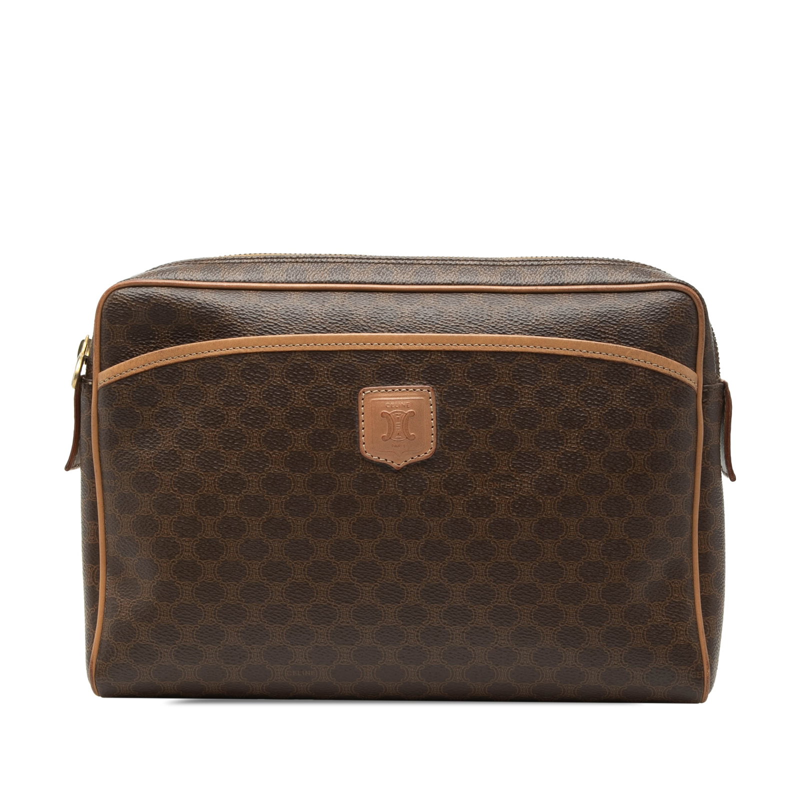 Celine Macadam brown coated canvas zip clutch with leather trim: Celine Macadam brown coated canvas zip clutch with leather trim This Celine Macadam clutch features a coated canvas body with leather trim, a top zip closure, an exterior slip pocket, and an interior 