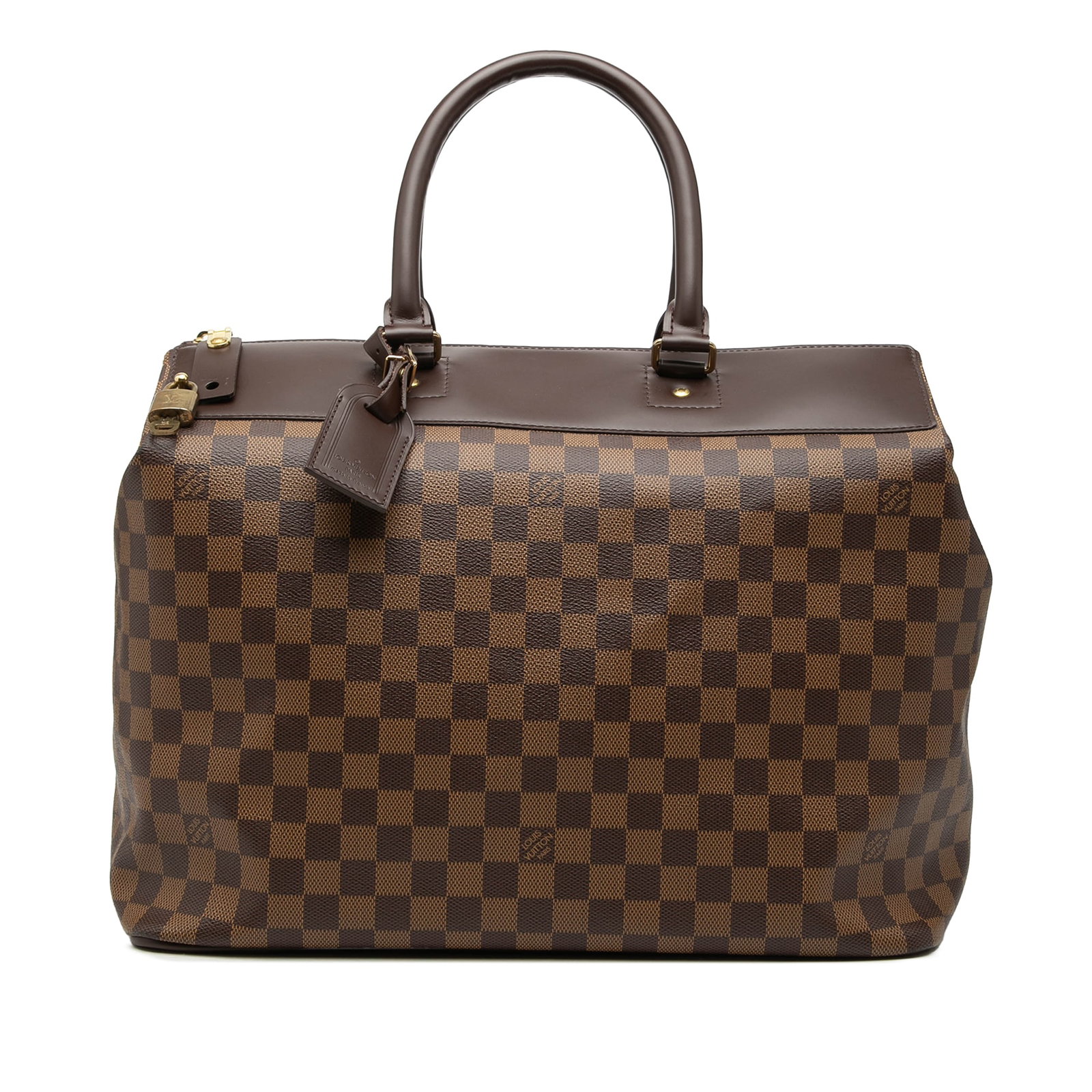 Louis Vuitton Greenwich PM Damier Ebene brown bag: Louis Vuitton Greenwich PM Damier Ebene brown bag This Louis Vuitton Damier Ebene Greenwich PM bag features the signature damier canvas body with leather trim, rolled leather handles, a top zip closur
