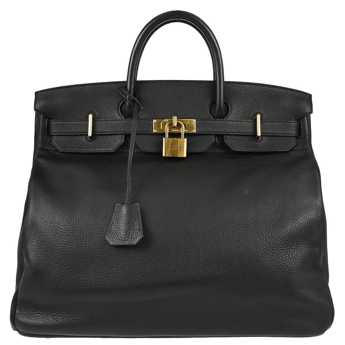 HERMES Haut a Courroies 45 Black Togo Leather Hand Bag: HERMES Haut a Courroies 45 Black Togo Leather Hand Bag Hermes Haut a Courroies 45 handbag in black Togo leather, made in France. It features a flap turnlock closure, double handles, gold-tone hardware
