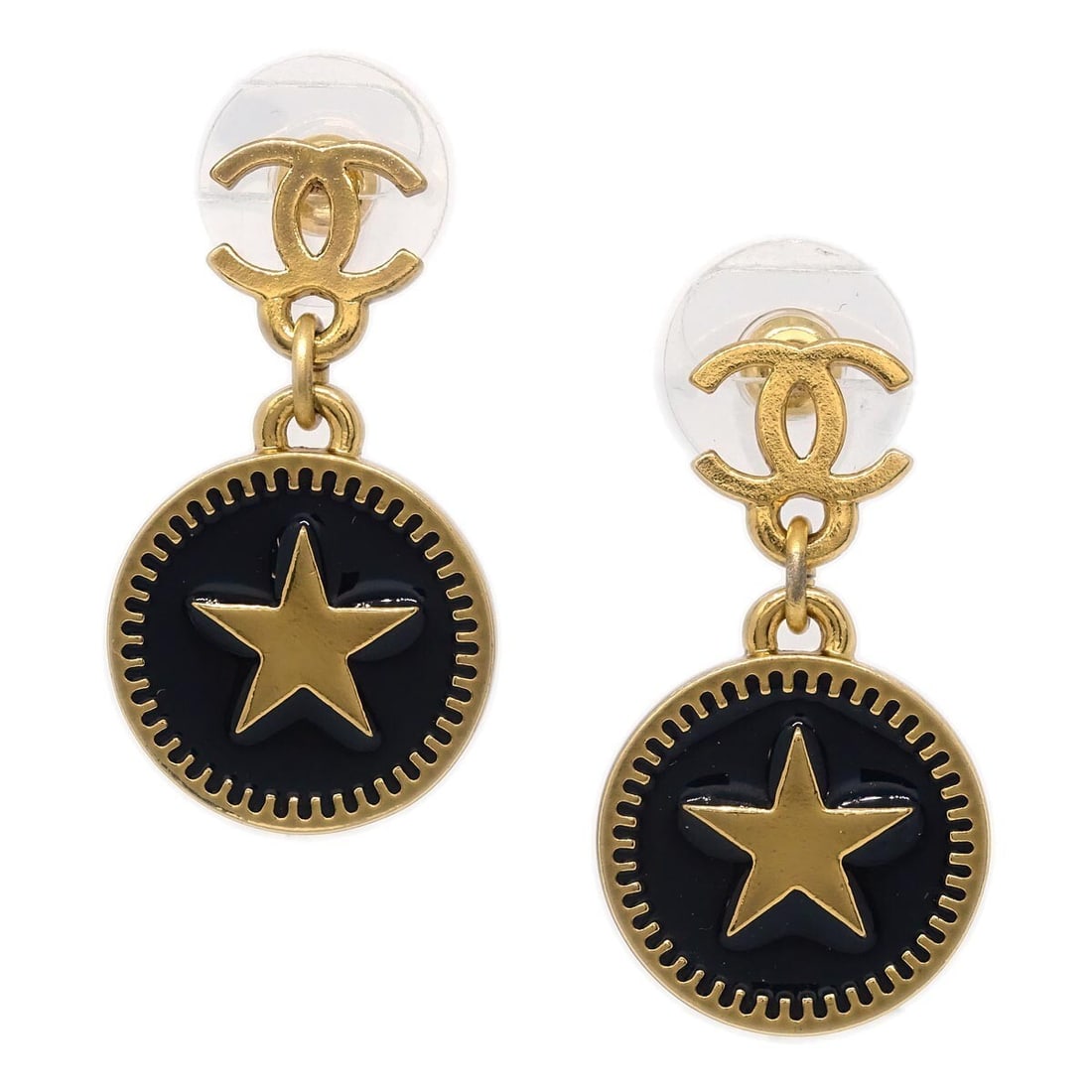 Chanel 01P Black Gold Plated Dangle Pierced Earrings: Chanel 01P Black Gold Plated Dangle Pierced Earrings Pair of Chanel button dangle pierced earrings in black with gold plated metal and acrylic construction. The earrings feature a screw back pierced c