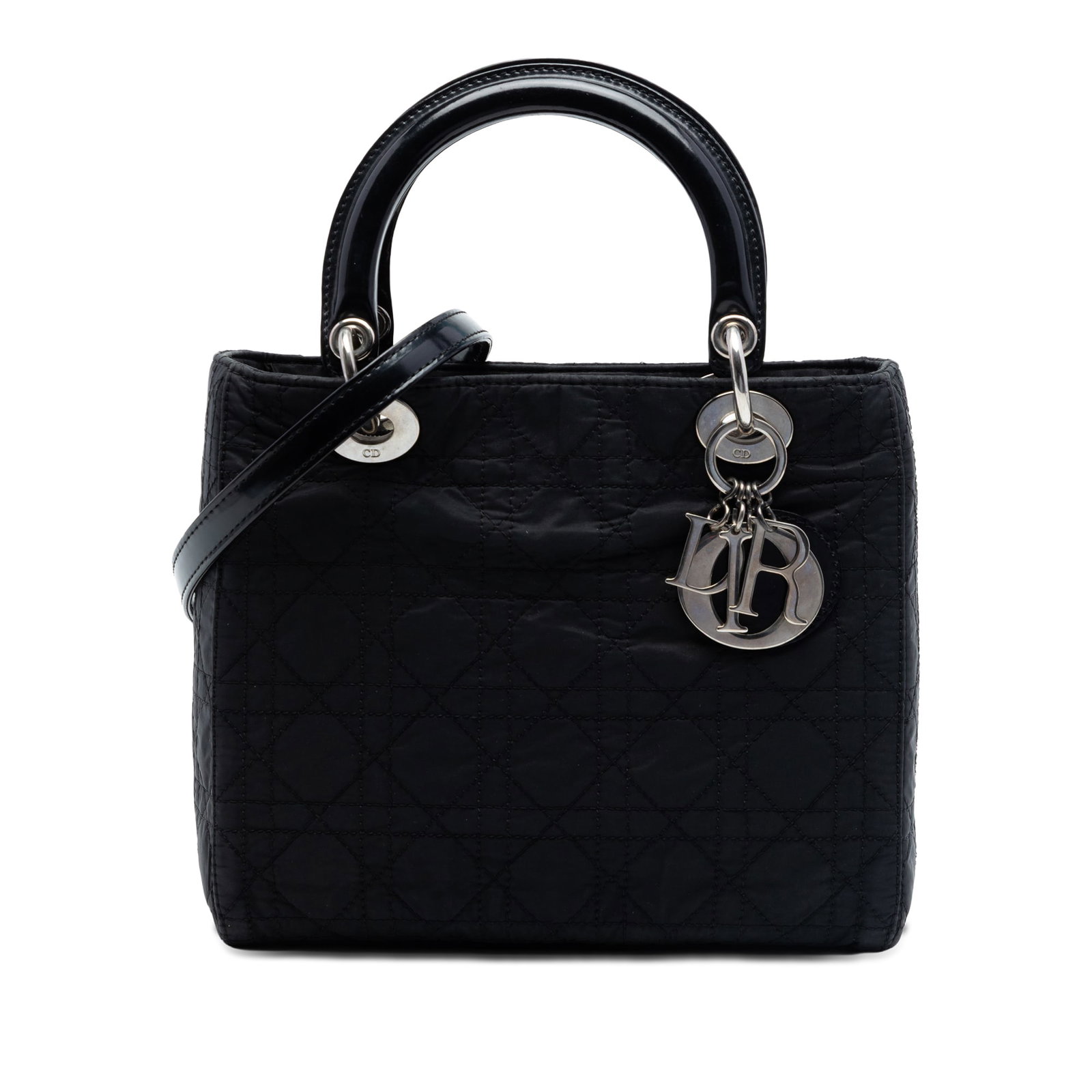 Dior Lady Dior Medium Cannage Nylon Shoulder Bag Black: Dior Lady Dior Medium Cannage Nylon Shoulder Bag Black Medium Lady Dior bag in black quilted nylon with flat leather top handles, a detachable flat leather shoulder strap, a top zip closure, and an in