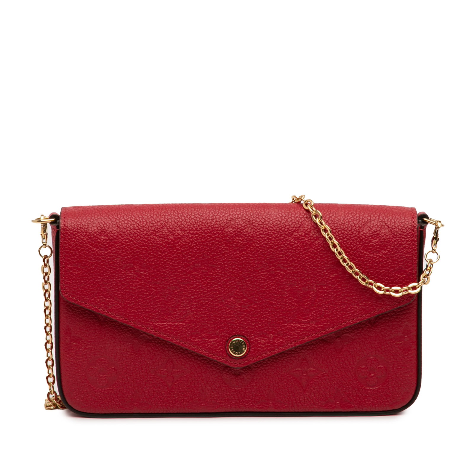 Louis Vuitton Felicie Monogram Empreinte Leather Chain Bag: Louis Vuitton Felicie Monogram Empreinte Leather Chain Bag This Louis Vuitton Monogram Empreinte Pochette Felicie is crafted from red monogram-embossed leather and features a detachable chain link sho