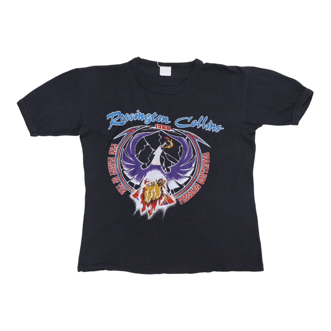 Vintage 1980 Rossington Collins Band Concert T Shirt Black Cotton: Vintage 1980 Rossington Collins Band Concert T Shirt Black Cotton This is an original vintage 1980 Rossington Collins Tour shirt featuring front and back graphics. Made of 100% cotton, the shirt is bl