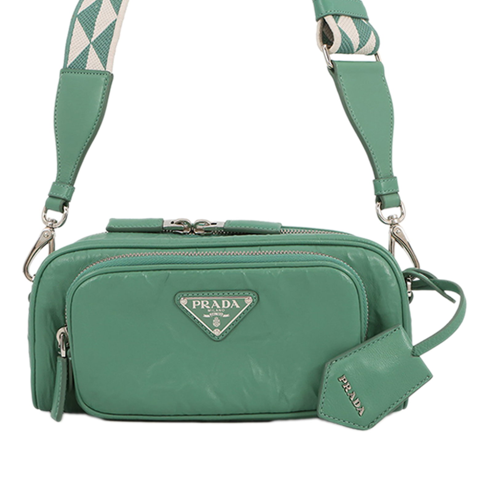 Prada Nappa Antique Leather Crossbody Bag Green Multi Pocket: Prada Nappa Antique Leather Crossbody Bag Green Multi Pocket This Prada crossbody bag is crafted in nappa leather and features a detachable flat shoulder strap, a top zip closure, an exterior front zi